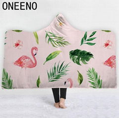 Flamingo Printed Warm Winter Coral Fleece Fabric Cloak Blanket With Hooded