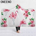 Flamingo Printed Warm Winter Coral Fleece Fabric Cloak Blanket With Hooded 3