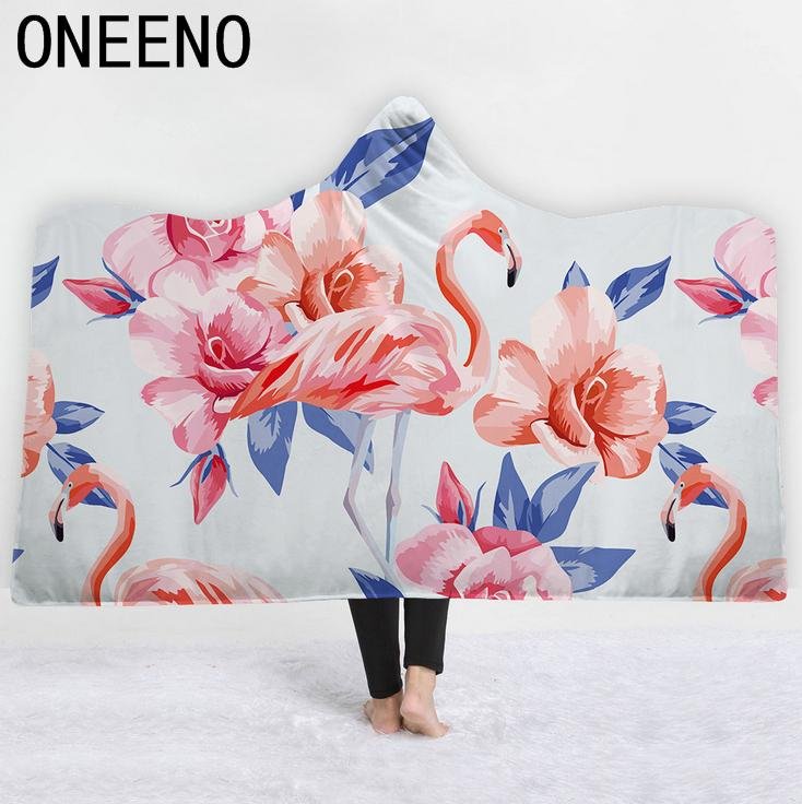 Flamingo Printed Warm Winter Coral Fleece Fabric Cloak Blanket With Hooded 4