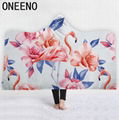 Flamingo Printed Warm Winter Coral Fleece Fabric Cloak Blanket With Hooded