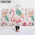 Flamingo Printed Warm Winter Coral Fleece Fabric Cloak Blanket With Hooded