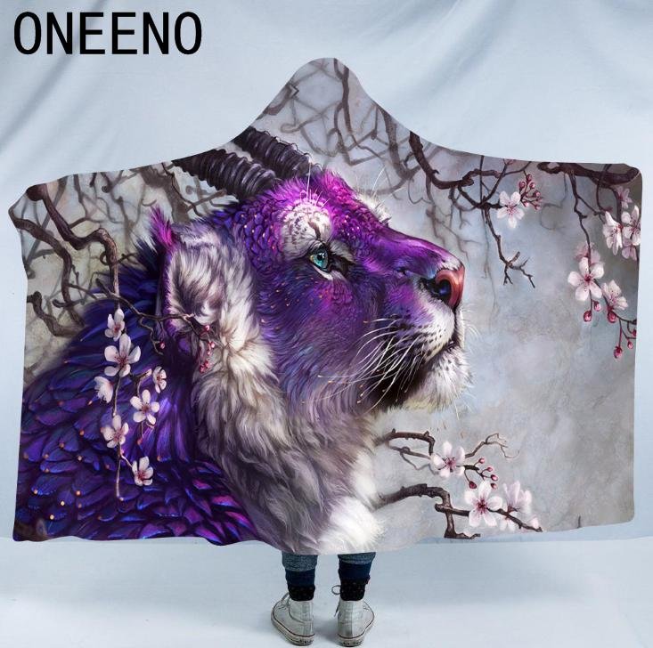 ONEENO 3D tiger pattern printed double layer soft warm polyester hooded blanket 