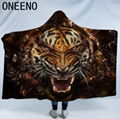 ONEENO 3D tiger pattern printed double layer soft warm polyester hooded blanket 