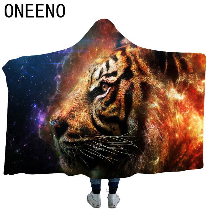 ONEENO 3D tiger pattern printed double layer soft warm polyester hooded blanket  3