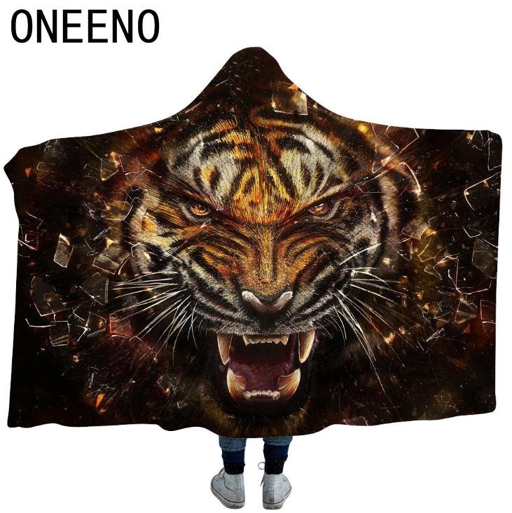ONEENO 3D tiger pattern printed double layer soft warm polyester hooded blanket  5