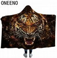 ONEENO 3D tiger pattern printed double layer soft warm polyester hooded blanket 