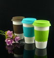 2015 ceramic double wall cup with silicone sleeve and silicone lid