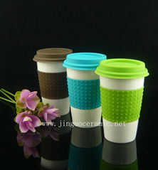 2015 ceramic double wall cup with silicone sleeve and silicone lid