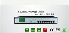 Single port 60W 8- port 10/100/1000M 802.3af/at PoE switch with LCD display