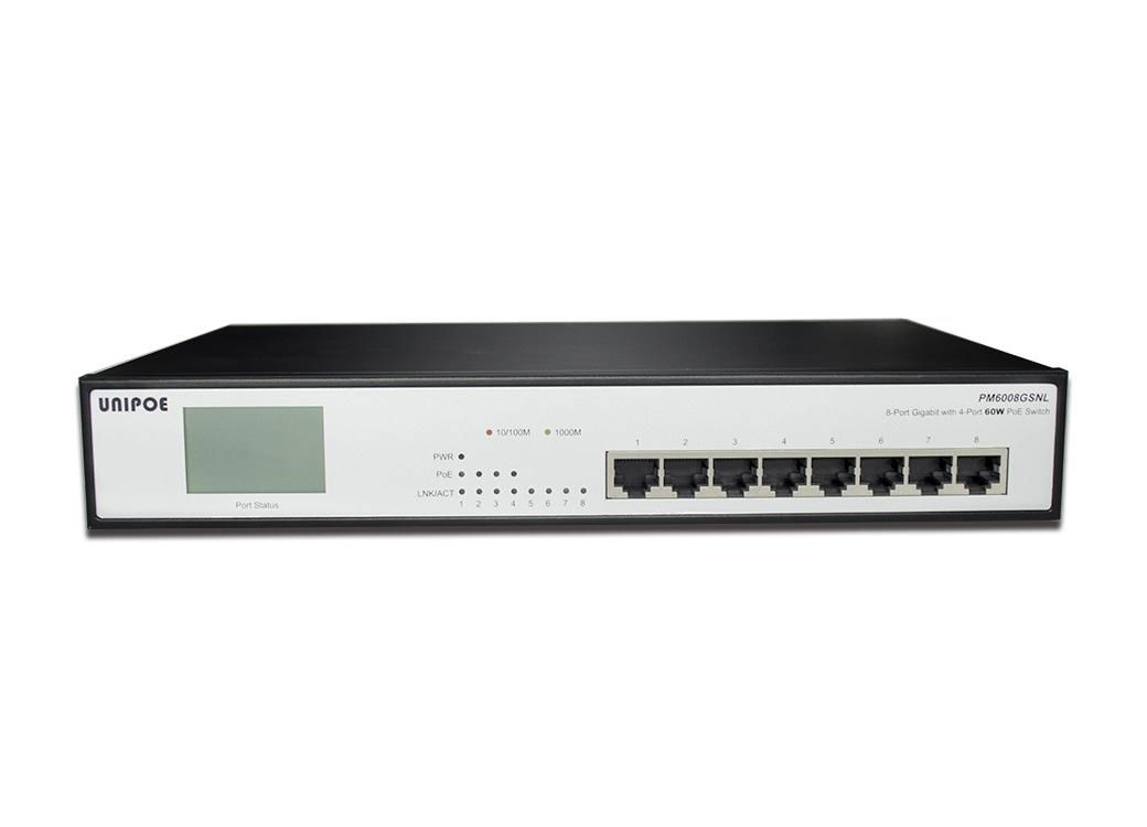 Single port 60W 8- port 10/100/1000M 802.3af/at PoE switch with LCD display 2