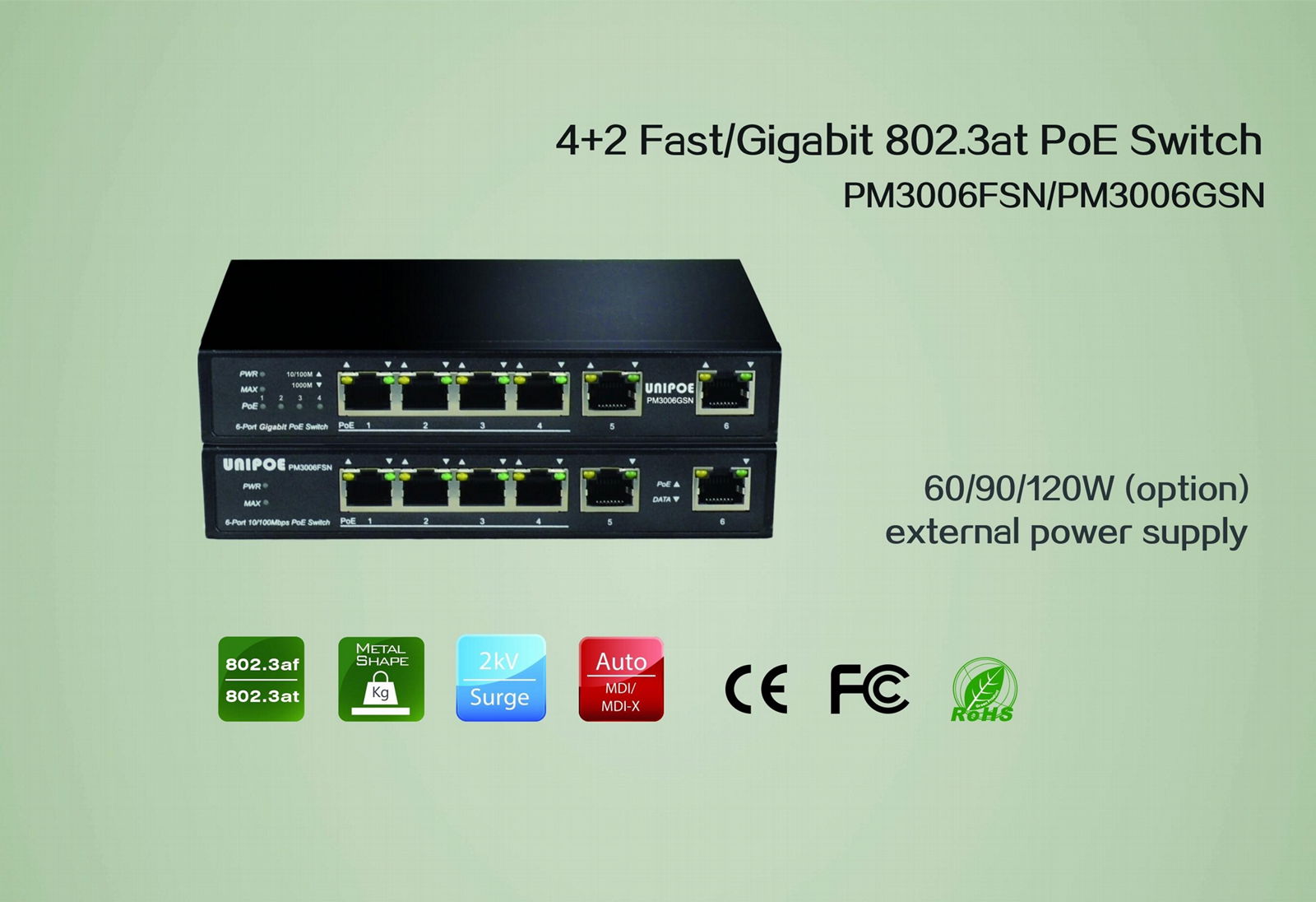 New product 4+2 port Gigabit 802.3at PoE switch with VLAN function