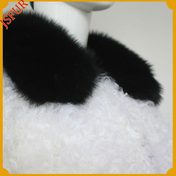 2015 hot style winter white women elegant black fox collar warm sheep fur coats 2