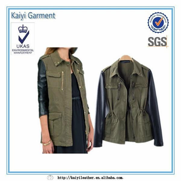 Coat Outerwear Military Green Faux PU Leather Sleeve Canadian Jacket