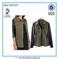 Coat Outerwear Military Green Faux PU Leather Sleeve Canadian Jacket