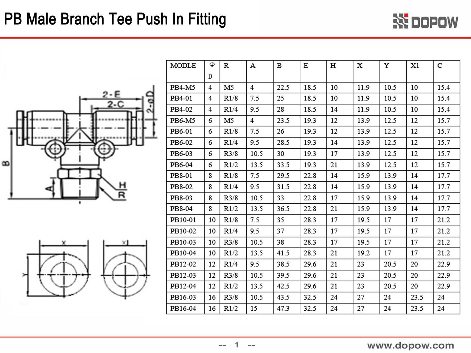 Dopow PB4-02  Pneumatic Fitting Tee Male Branch Type 2