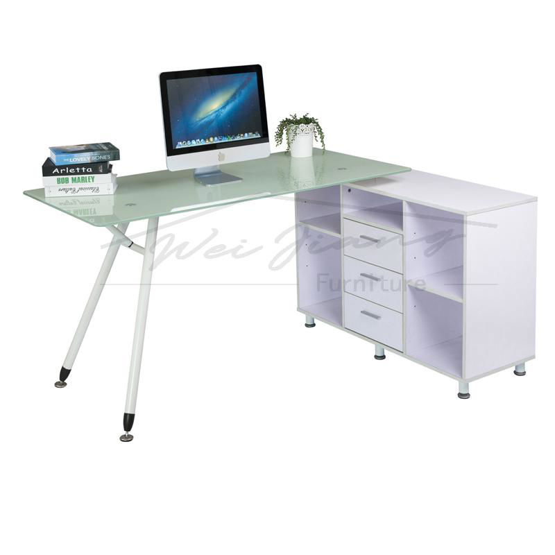 High Quality L Shaped Glass Computer Desk with File Cabinets