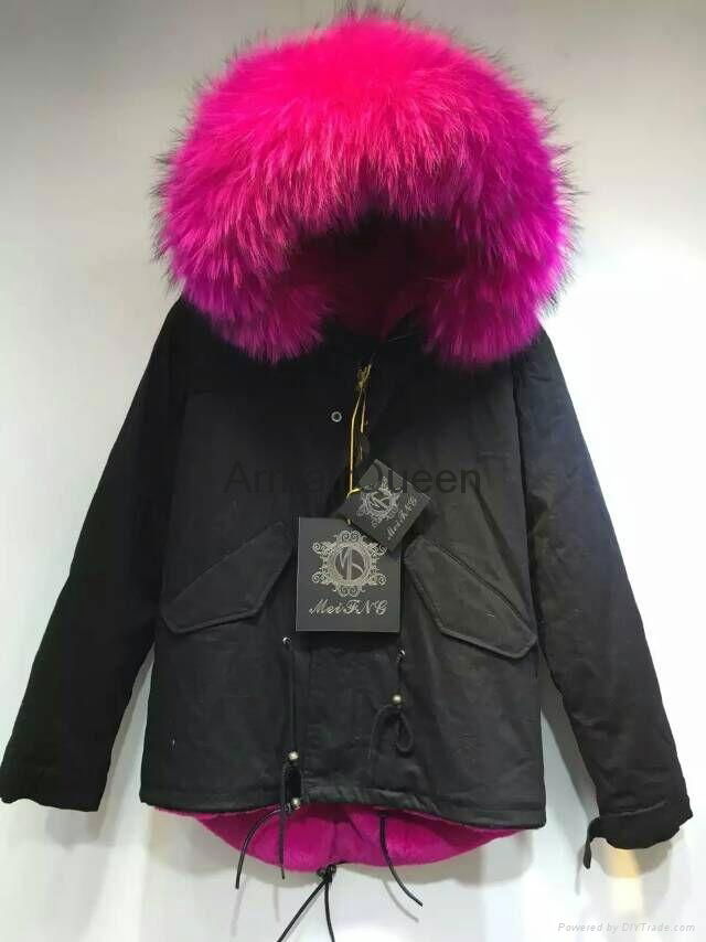 Accept Combination Factory Price fashion winter black jacket with rose red fur c