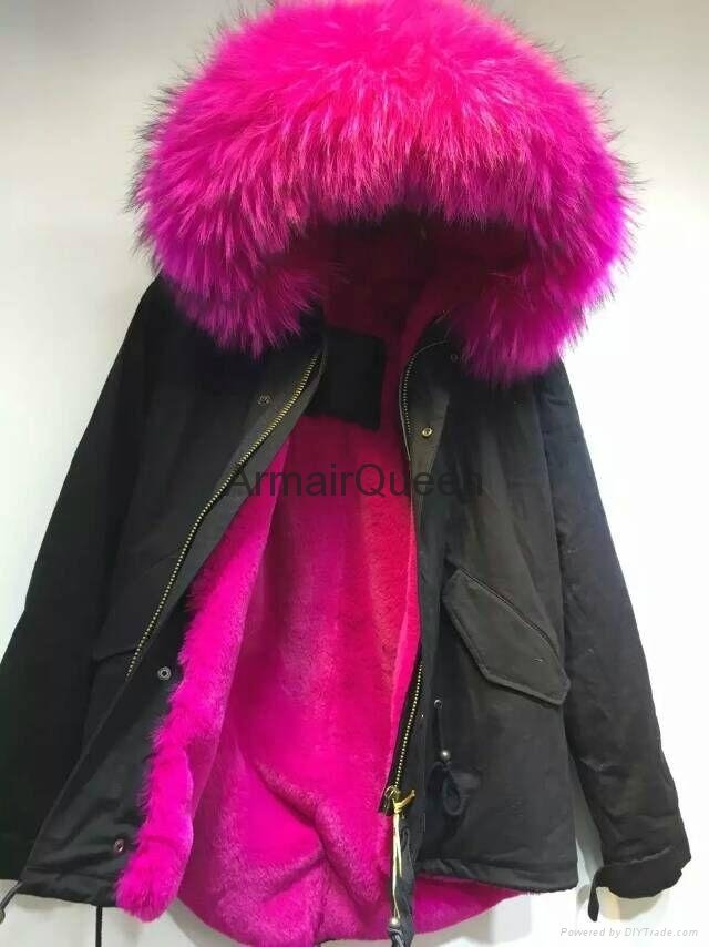 Accept Combination Factory Price fashion winter black jacket with rose red fur c 2