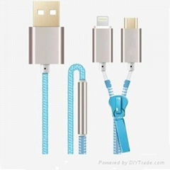 Zipper style 2.1A high speed 2 in 1 mobile charger data cable