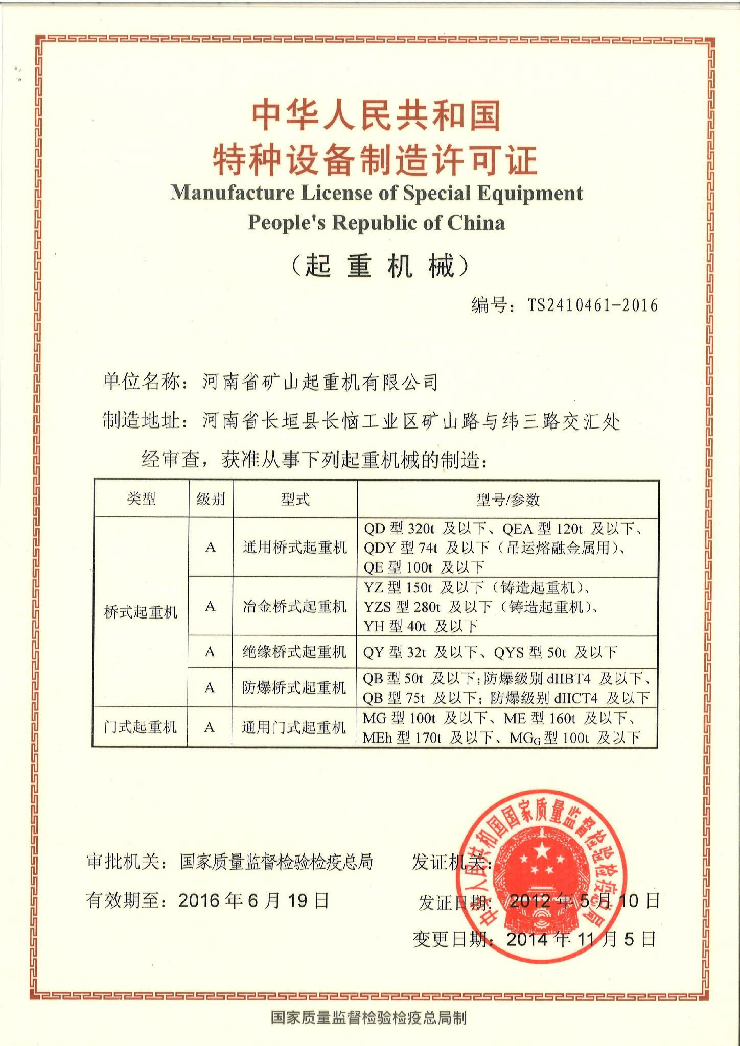 Manufacturing-qualification-ClassA-Henan Mine Crane Co.,LTD