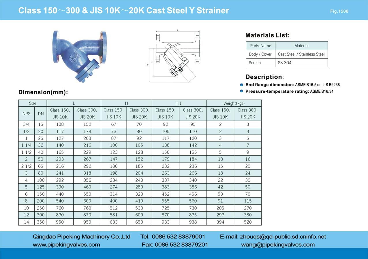 class 150~300 & JIS 10K~20K cast steel Y strainer