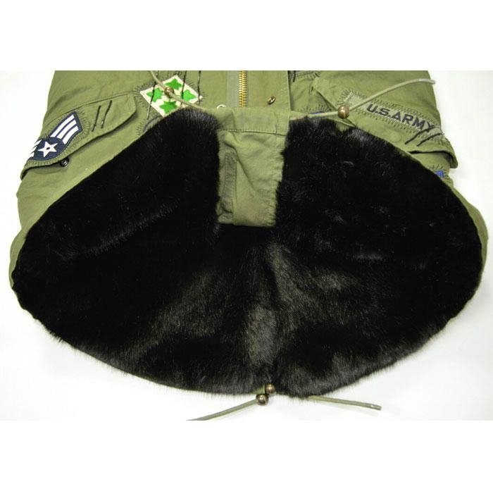 Mini Mrs Mr fur cotton off sleeve black real fur collar army green parka 2