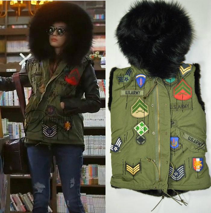 Mini Mrs Mr fur cotton off sleeve black real fur collar army green parka 4