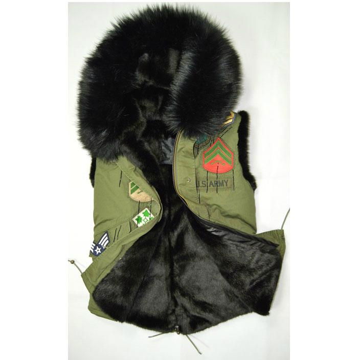 Mini Mrs Mr fur cotton off sleeve black real fur collar army green parka 5