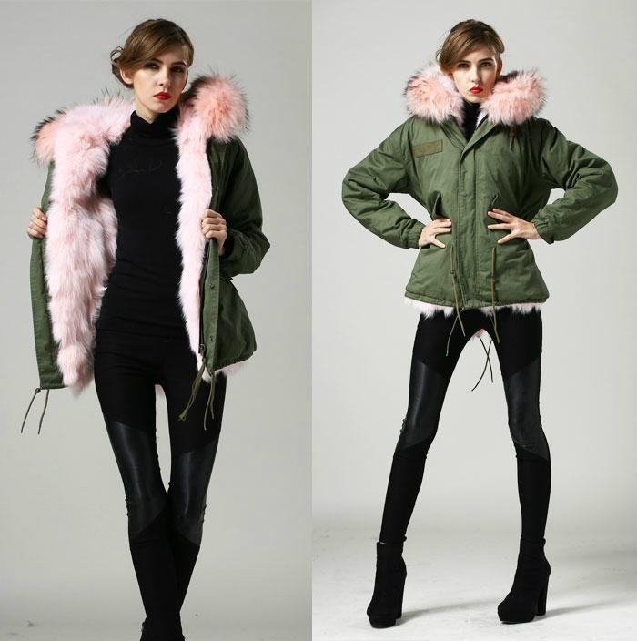 fashion pink big real fur collar warm winter parka promotion style parka