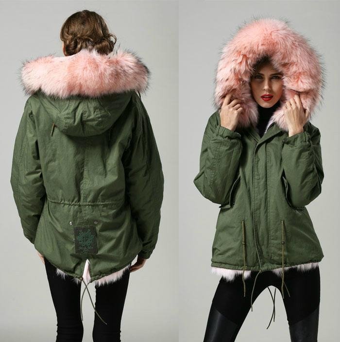 fashion pink big real fur collar warm winter parka promotion style parka 2