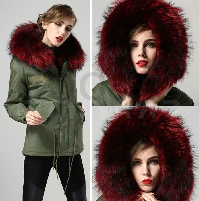 wine red big raccoon fur collar women fur parka 4