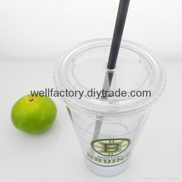 Clear double wall plastic travel mug with straw and lid 3
