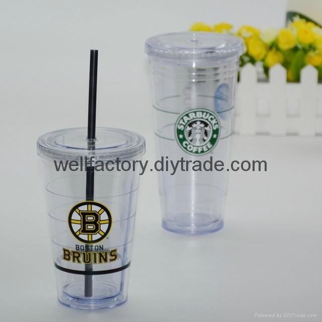 Clear double wall plastic travel mug with straw and lid