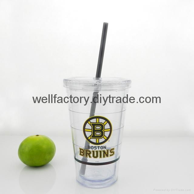 Clear double wall plastic travel mug with straw and lid 2