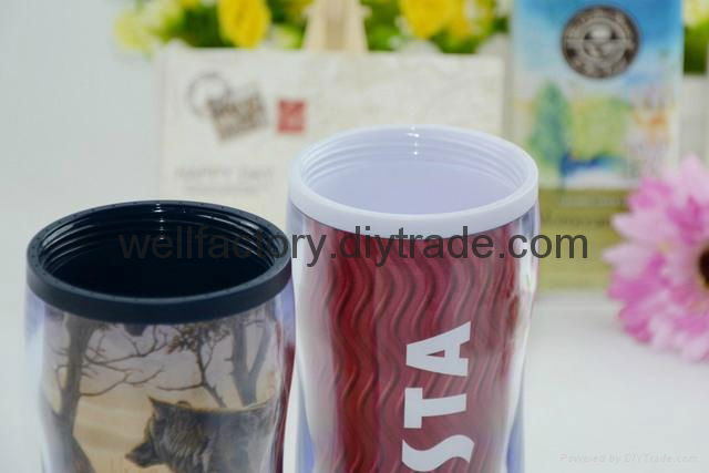 Starbucks style double wall plastic coffee mug with insert paper 3