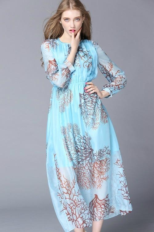 New Fashion Leaf Printing Blue Long Sleeve Dress 1