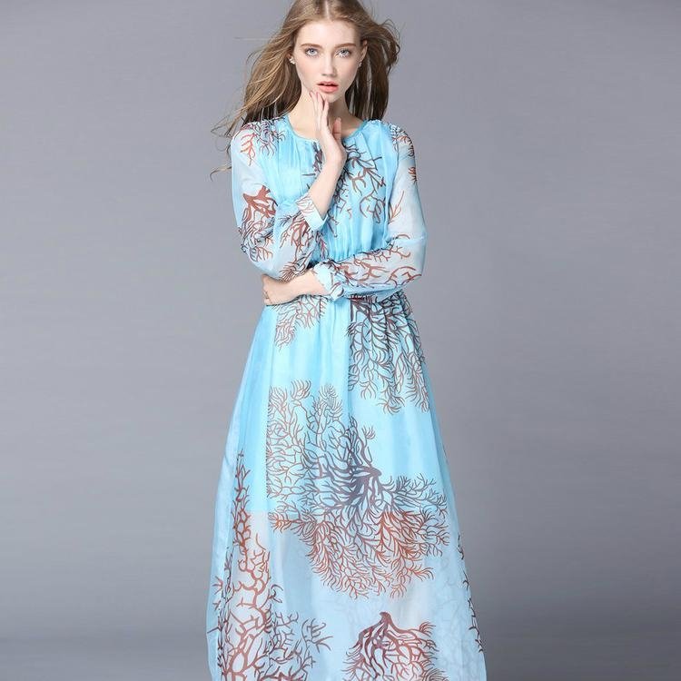 New Fashion Leaf Printing Blue Long Sleeve Dress 2