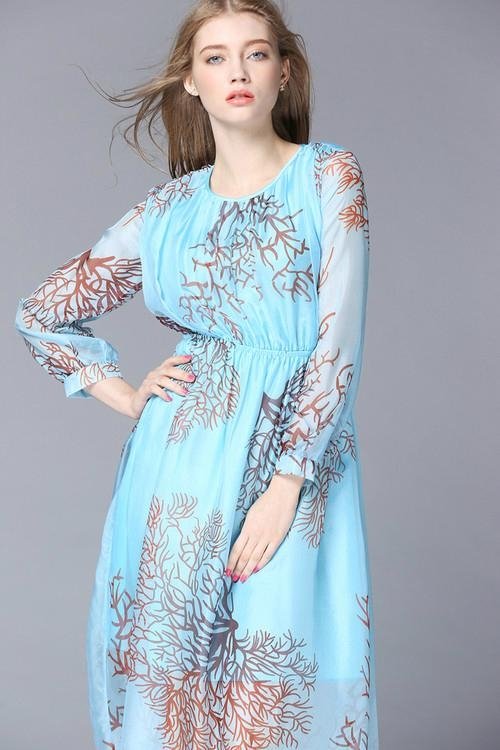 New Fashion Leaf Printing Blue Long Sleeve Dress 3