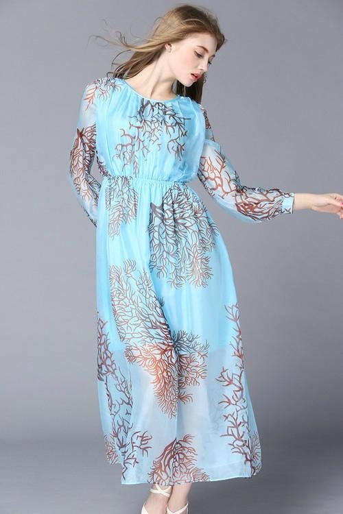New Fashion Leaf Printing Blue Long Sleeve Dress 4