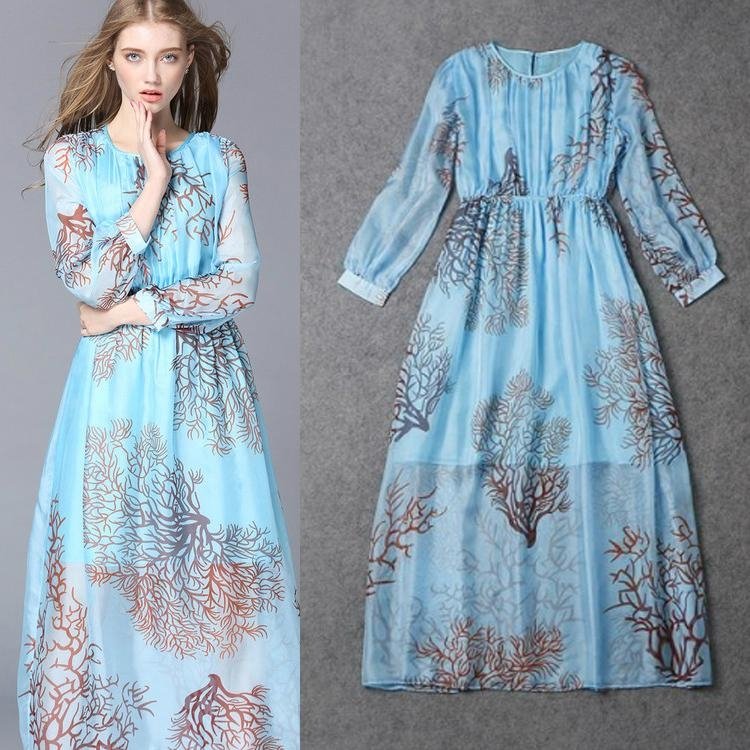 New Fashion Leaf Printing Blue Long Sleeve Dress 5