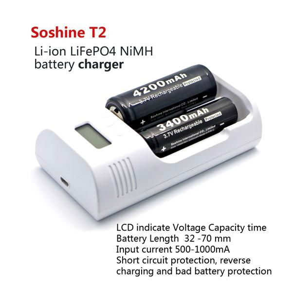 Soshine T2 LCD charger for Li-ion Ni-MH LiFePO4 26650 18650 14500 16340 C AA AAA 2