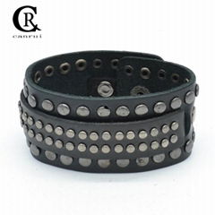 CR1005 Black Genuine Leather Gunmetal Metal Spike Accessory Leather Bracelet