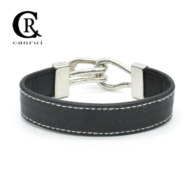 CR1010 Black Simple Leather Bracelet Statement Linked Bracelet