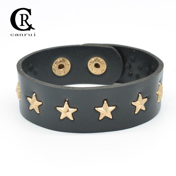 CR1041 Gold Star Accessory Black Leather Punk Night Club Fashion Bracelet