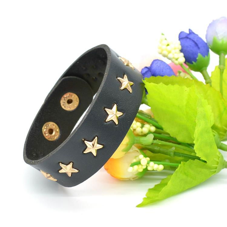 CR1041 Gold Star Accessory Black Leather Punk Night Club Fashion Bracelet 3