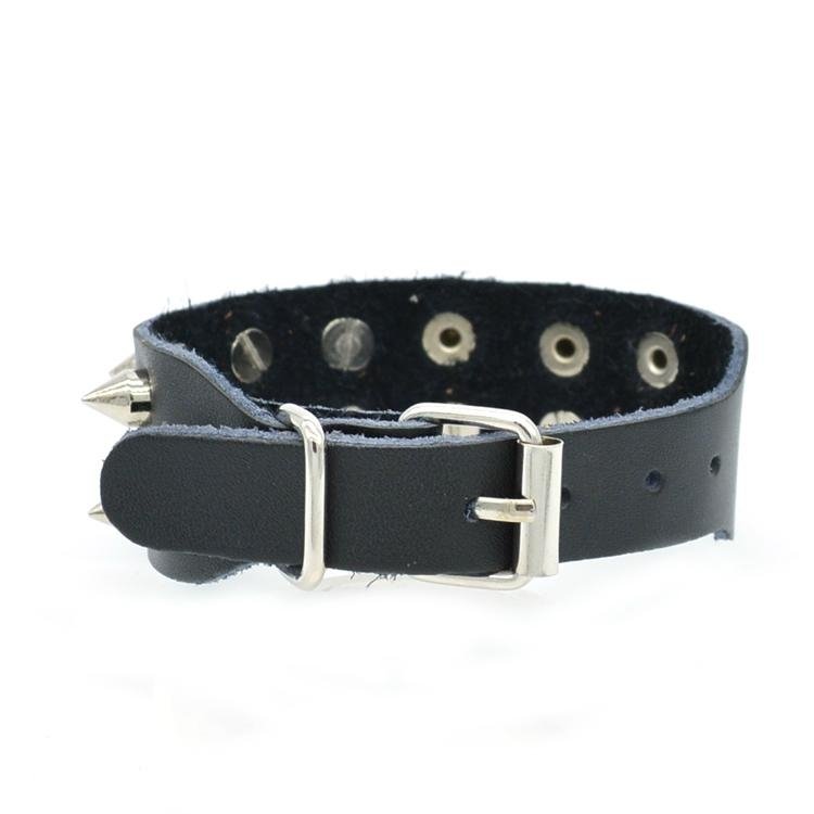 CR1048 Silver Tone Sharp Spike Accessory Fashion Black Leather Bracelet 2