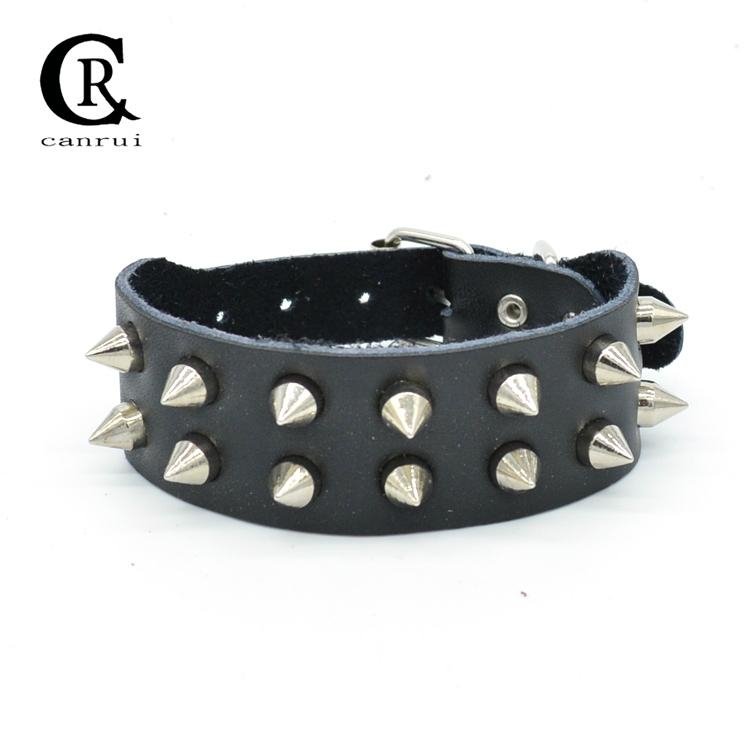 CR1048 Silver Tone Sharp Spike Accessory Fashion Black Leather Bracelet