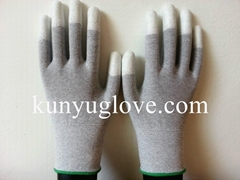 13 Guage carbon yarn knitting glove with white fingertip pu coating gloves