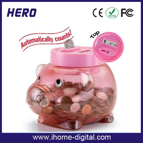 Plastic piggy bank with coin counter