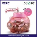 Plastic piggy bank with coin counter